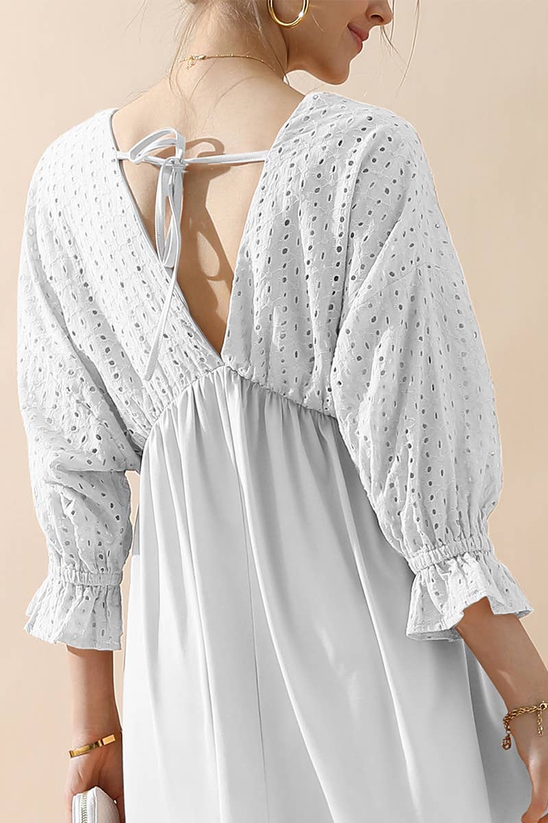 CWDMD795_3/4 SLEEVE V NECK LONG DRESS