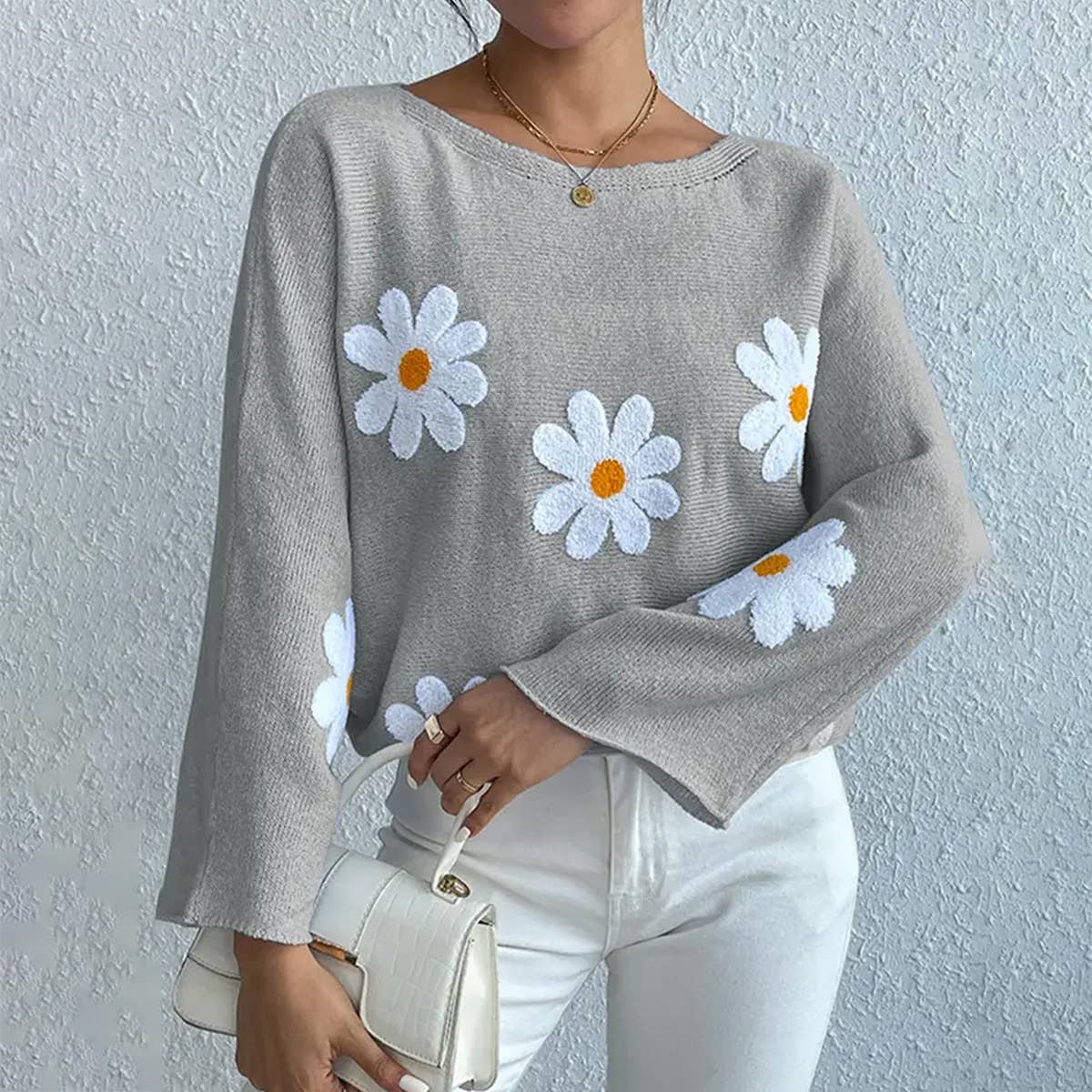 Floral embroidery loose crew neck pullover sweater