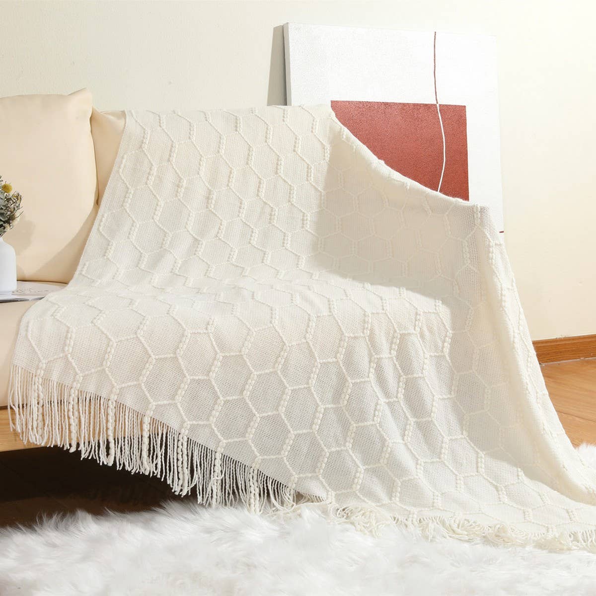 KNITTED SIMPLE THIN TASSEL SOFA BLANKET