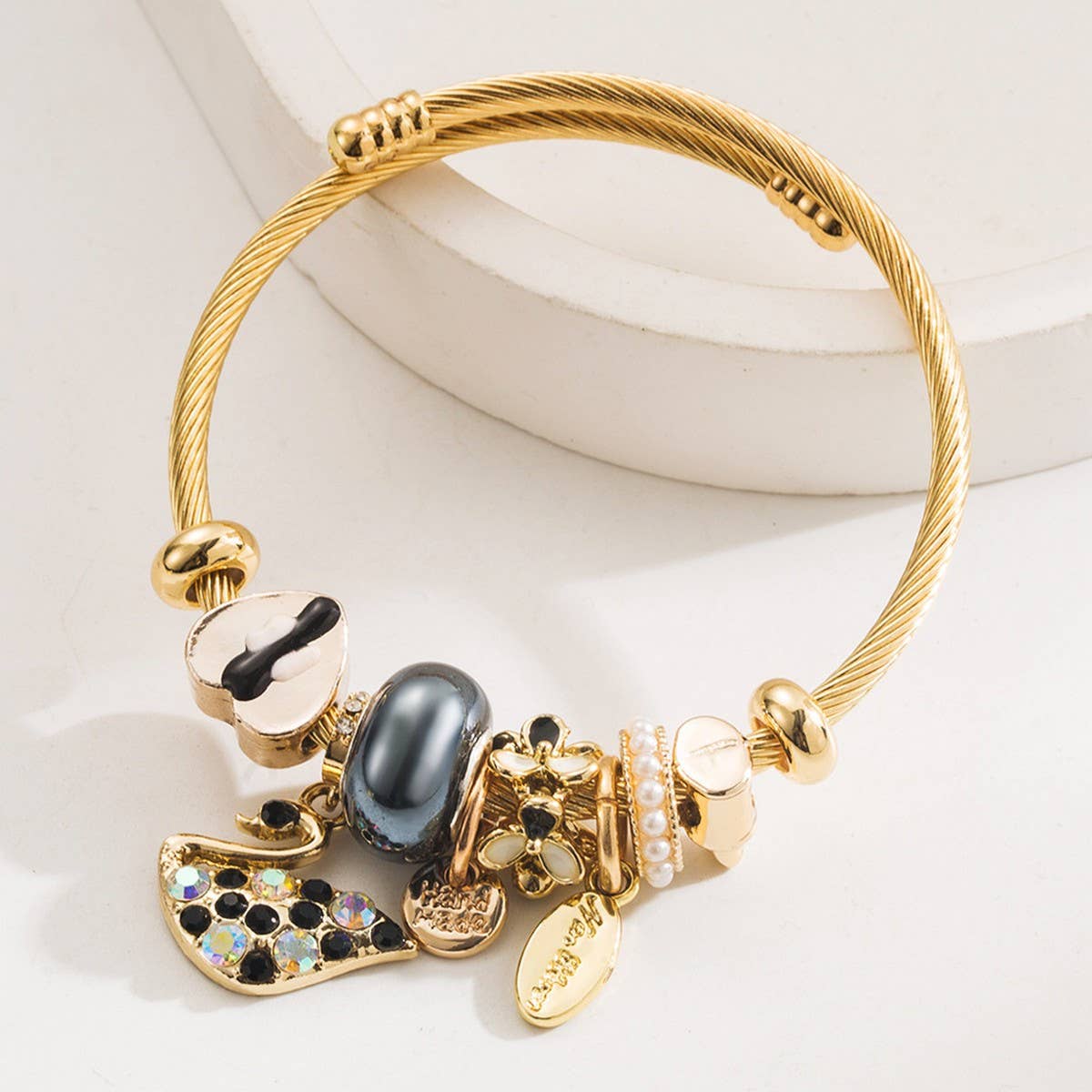 Gold Alloy Swan Charm Adjustable Bracelet