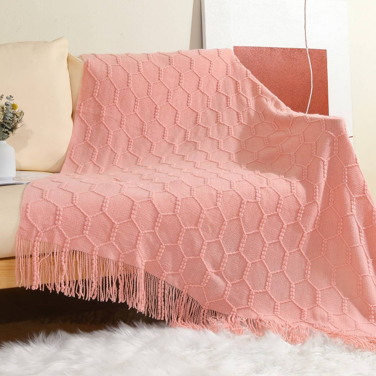 KNITTED SIMPLE THIN TASSEL SOFA BLANKET