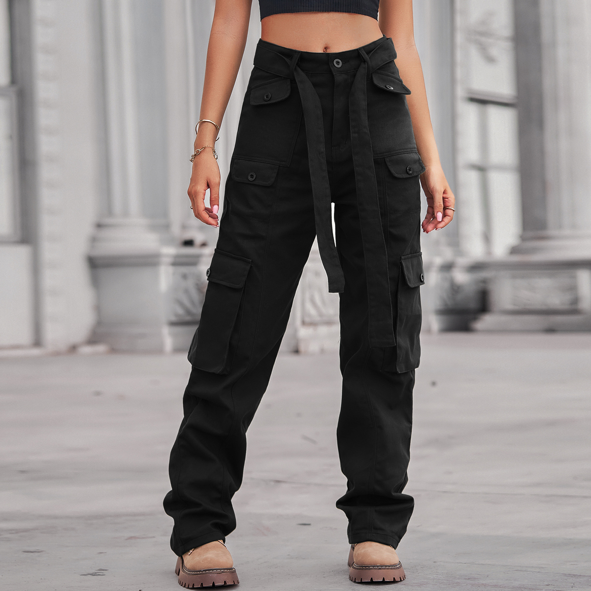 Casual Washed Denim Multi-Pocket Cargo Pants_CWJP0633