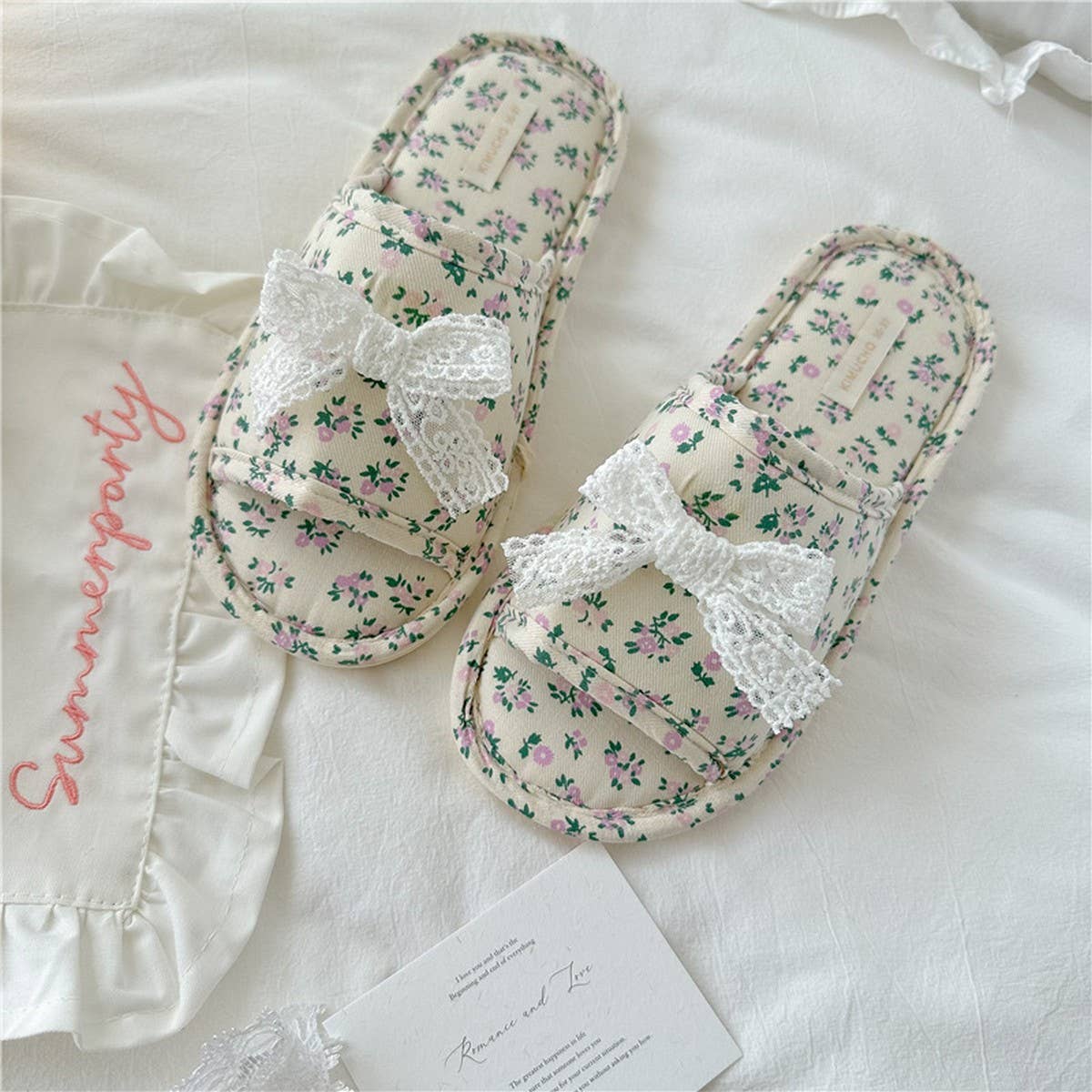 LACE BOW SMALL FLORAL THICK-SOLED HOME SLIPPERS