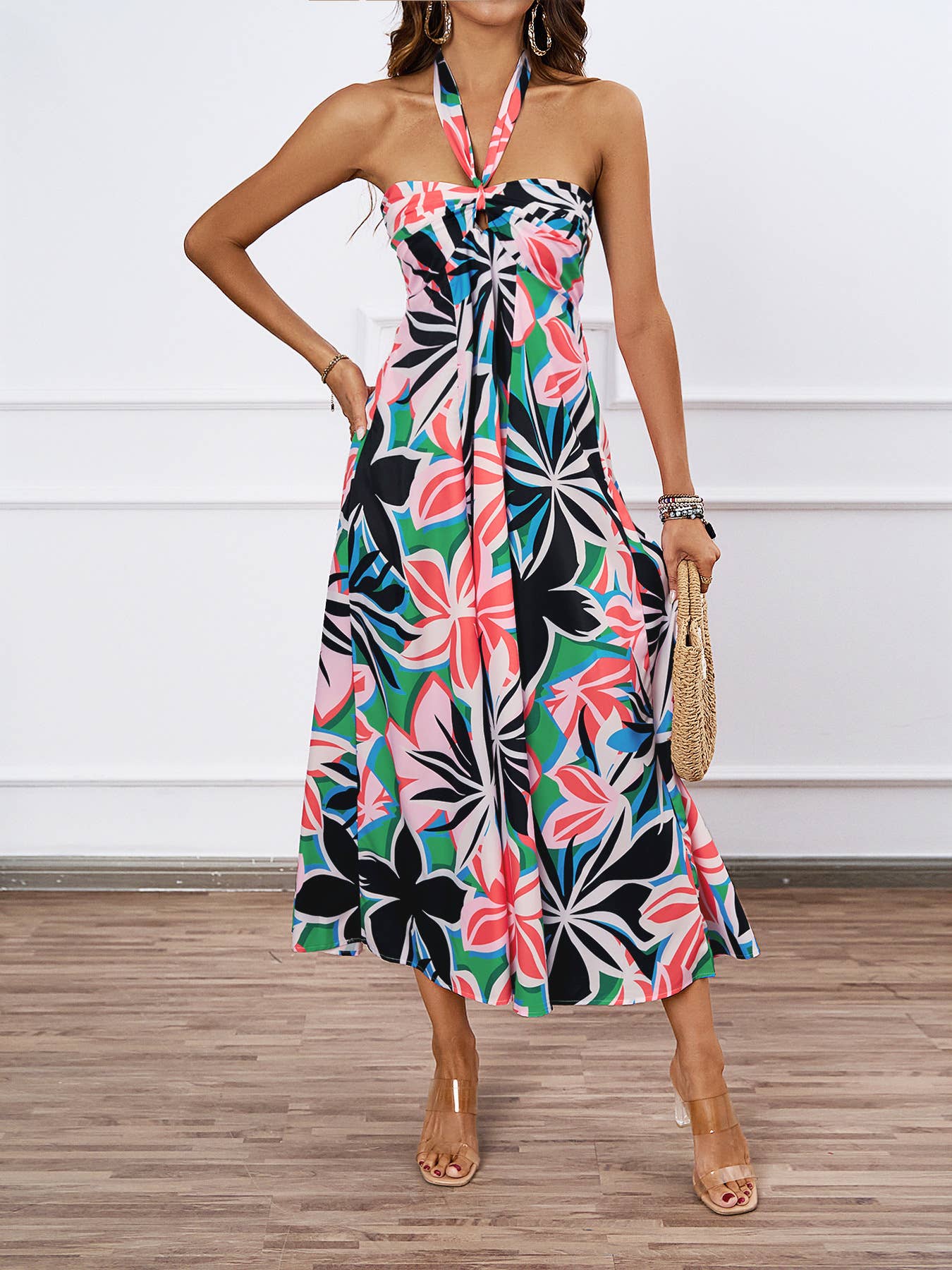 FLORAL PRINT HOLLOWED LACE HALTER LONG DRESS