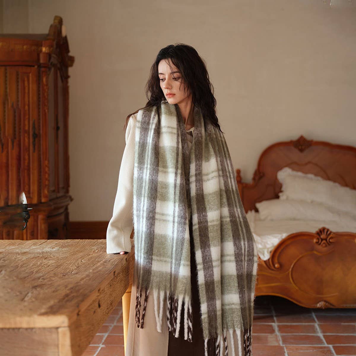 Colorblock Plaid Faux Cashmere Scarf for Winter