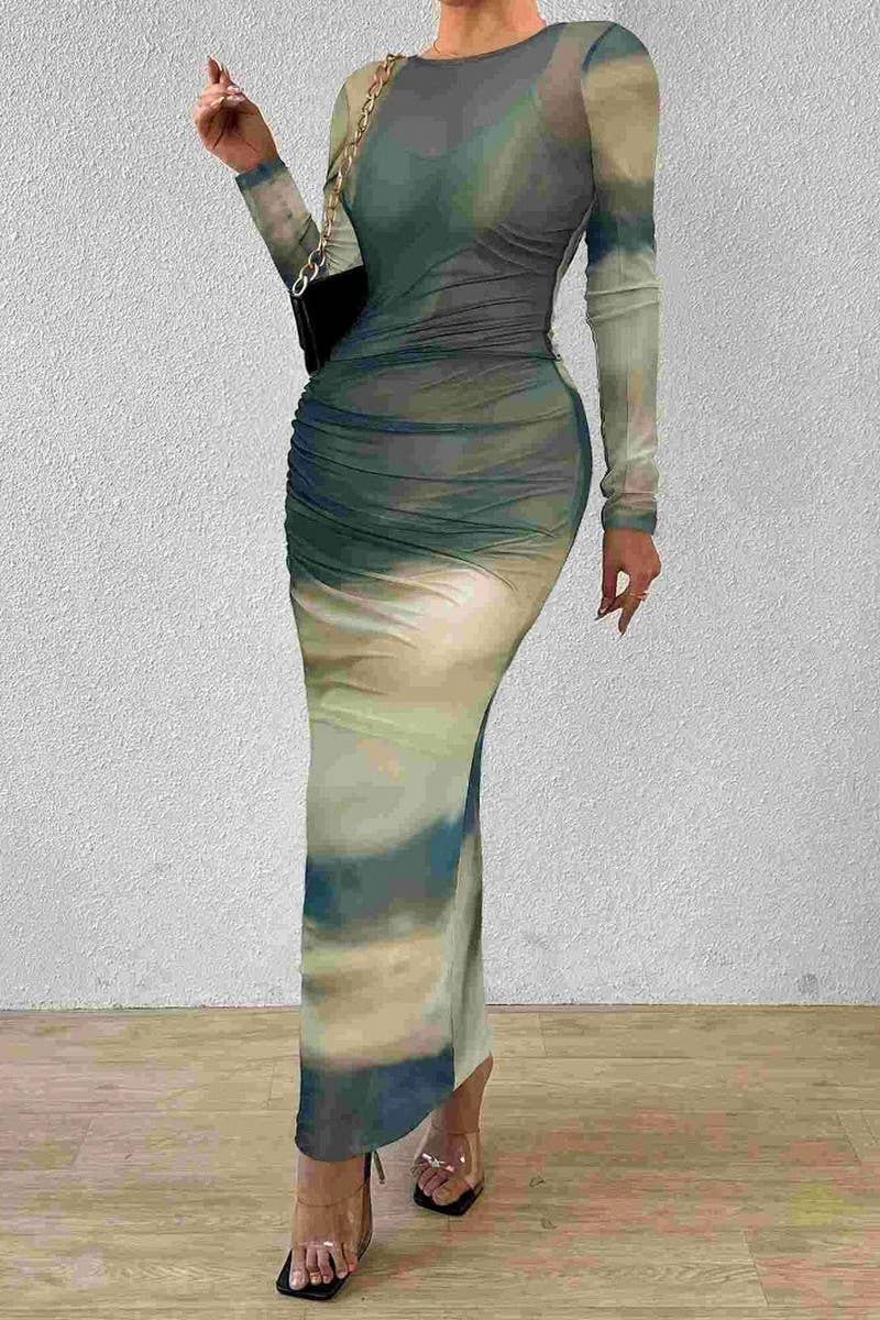 CWDMD5029_LONG SLEEVE FLORAL MESH SEXY TWO-PIECE DRESS