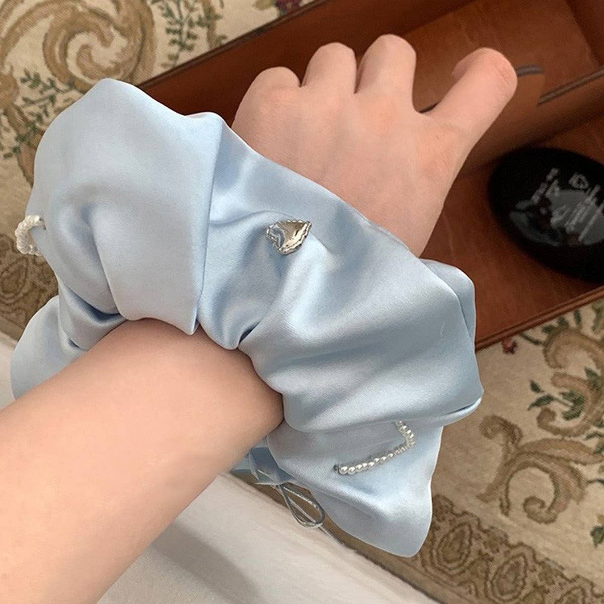 Blue Satin Pearl Scrunchie for Bun Hairstyles_CWAHA5503
