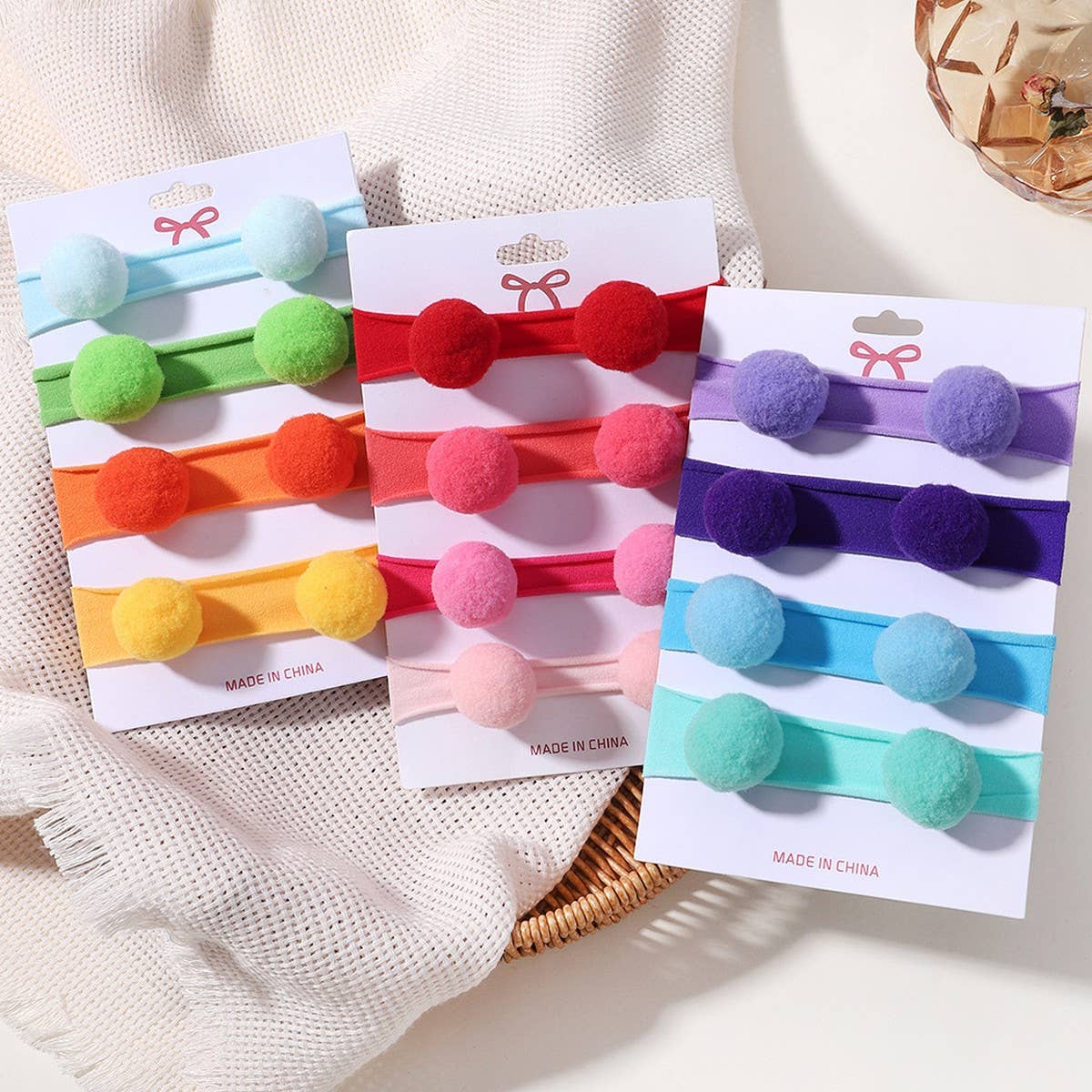 Kids Pom Pom Elastic Nylon Headband Set