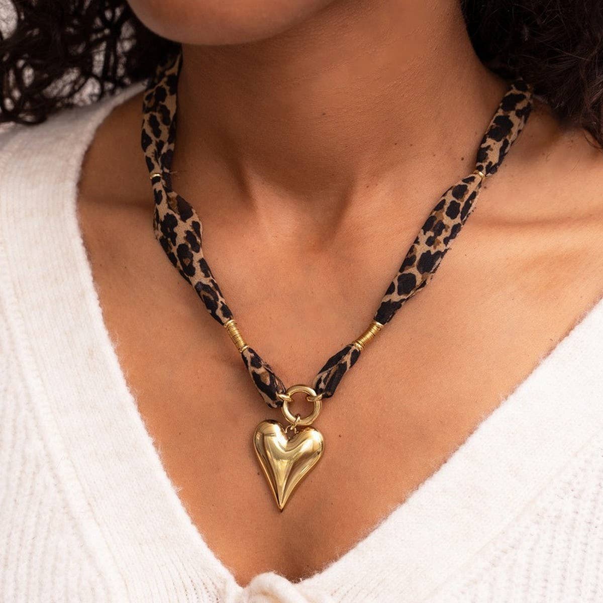 Leopard print heart stainless steel necklace