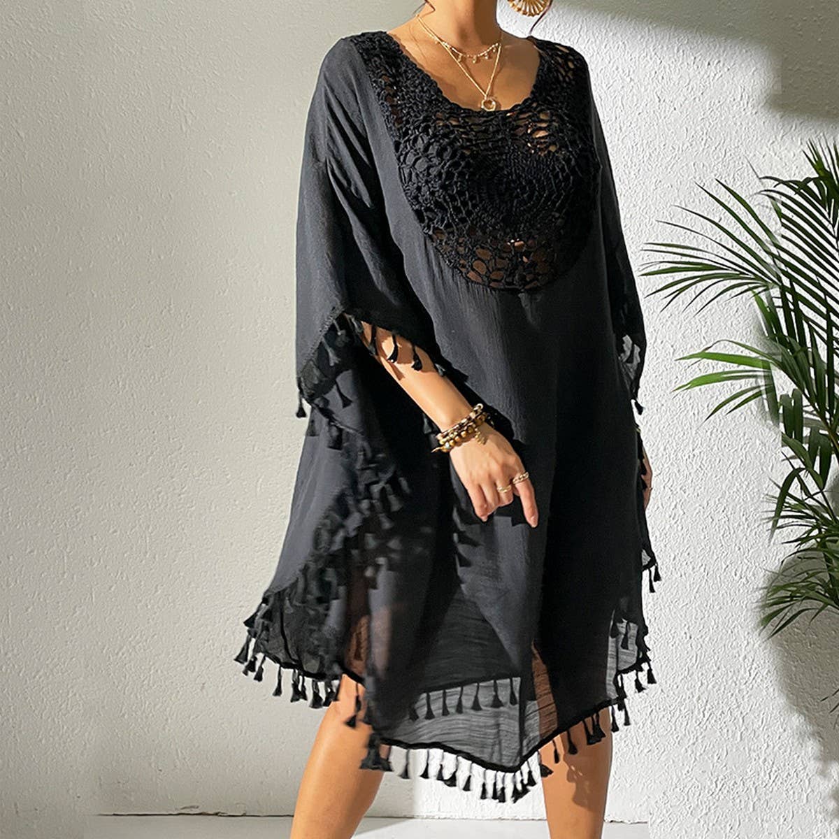 CROCHET PANEL TASSEL BIKINI BEACH COVER-UP
