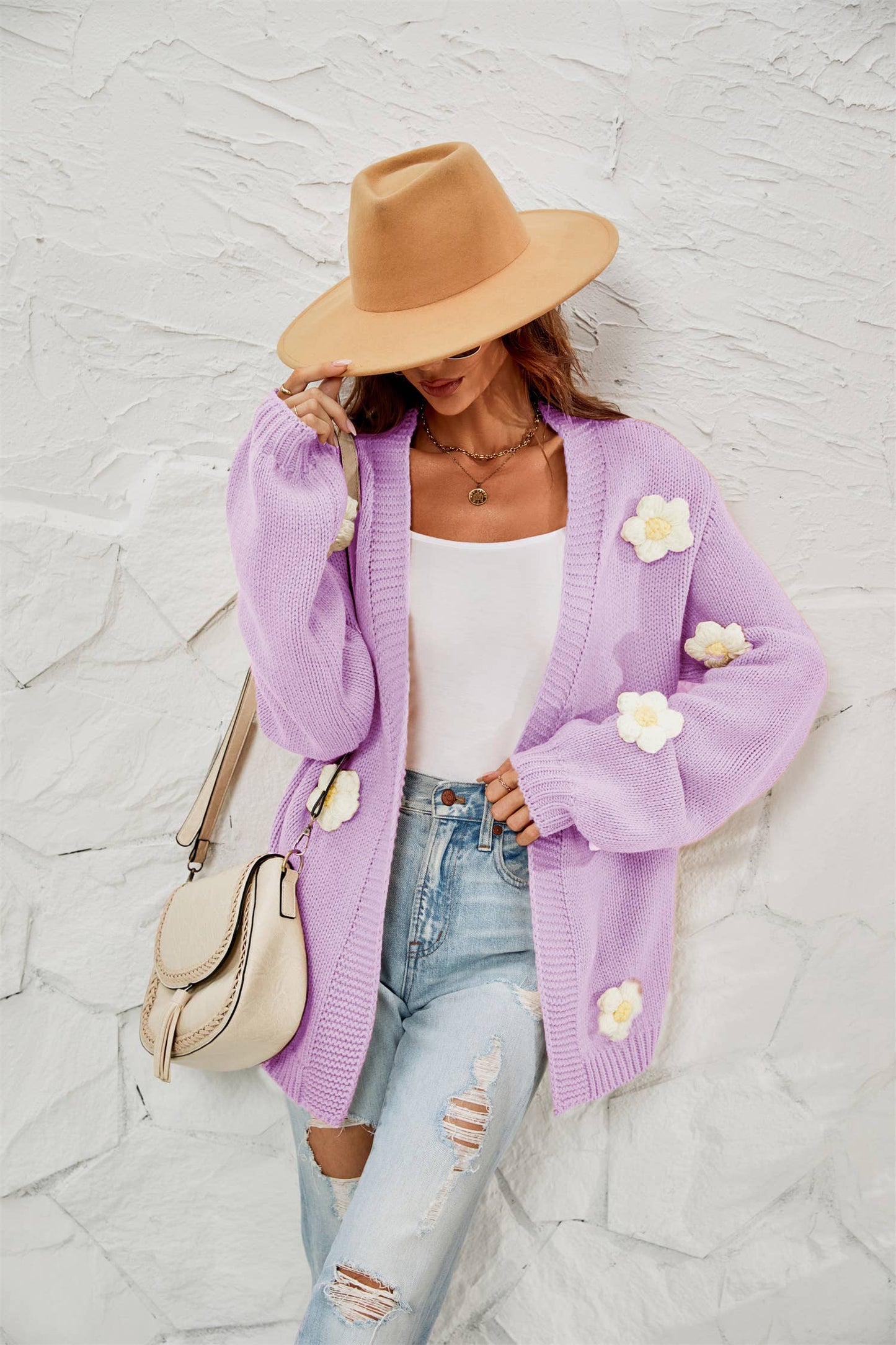 Flower cardigan lantern sleeve sweater coat