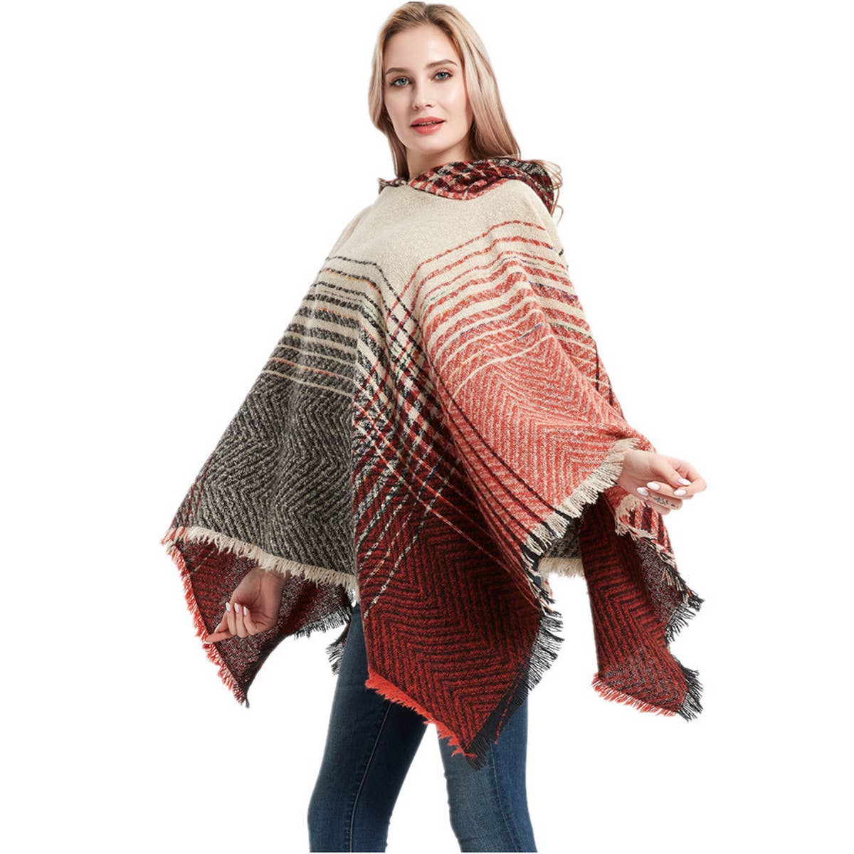 NEW HERRINGBONE GRADIENT HOODED CAPE SHAWL