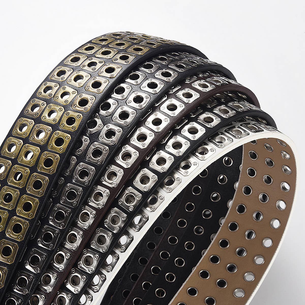 SQUARE BEAD RIVET TRIPLE ROW EYELET PUNK BELT_CWABE0584