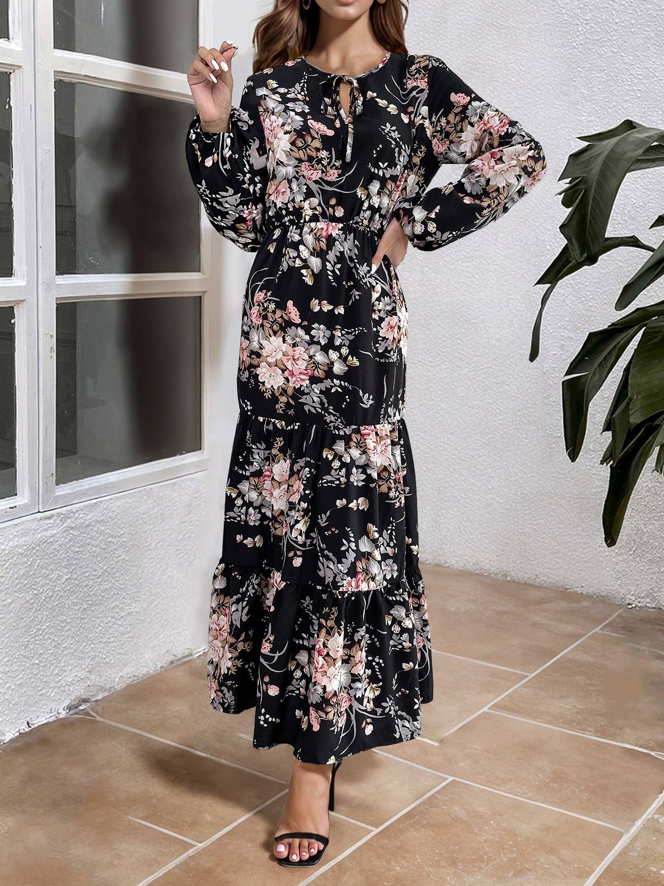 FLORAL PRINT BIG SWING STYLE SLIM DRESS