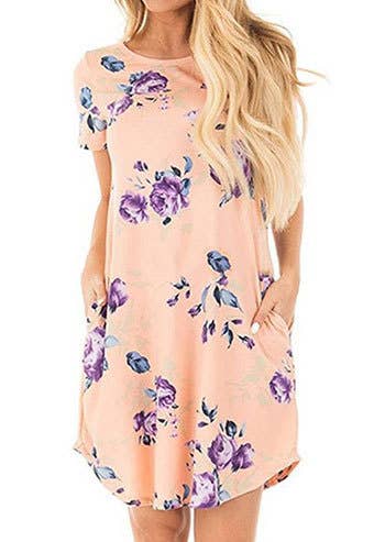 FLORAL PRINT BASIC CREW NECK PULLOVER DRESS