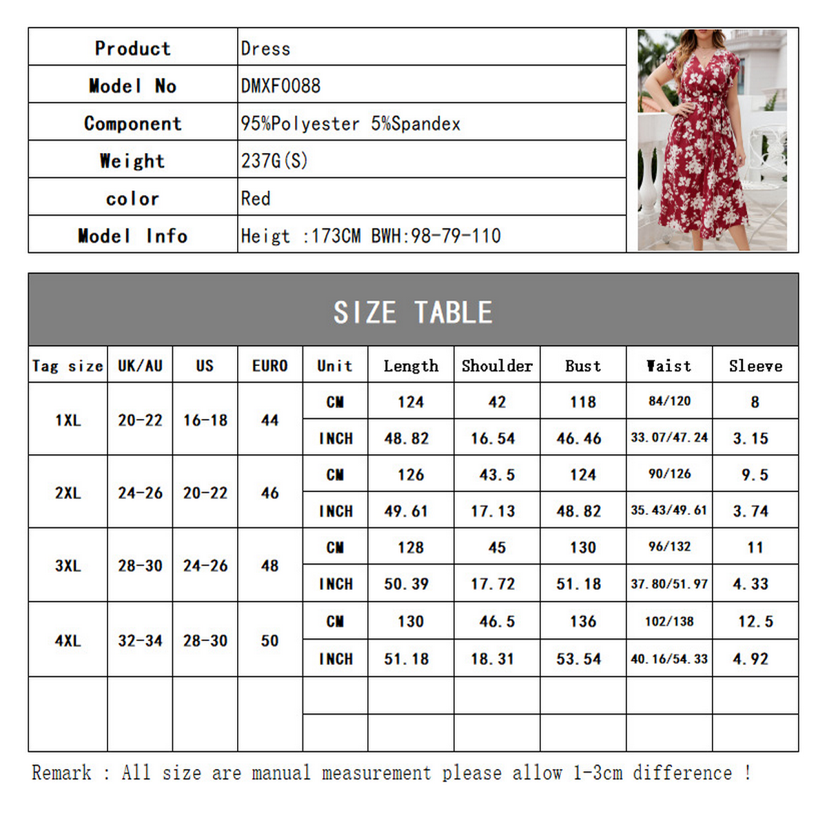 Plus Size V-Neck Red Dress ??Belted Summer Fit_CWDMD5966
