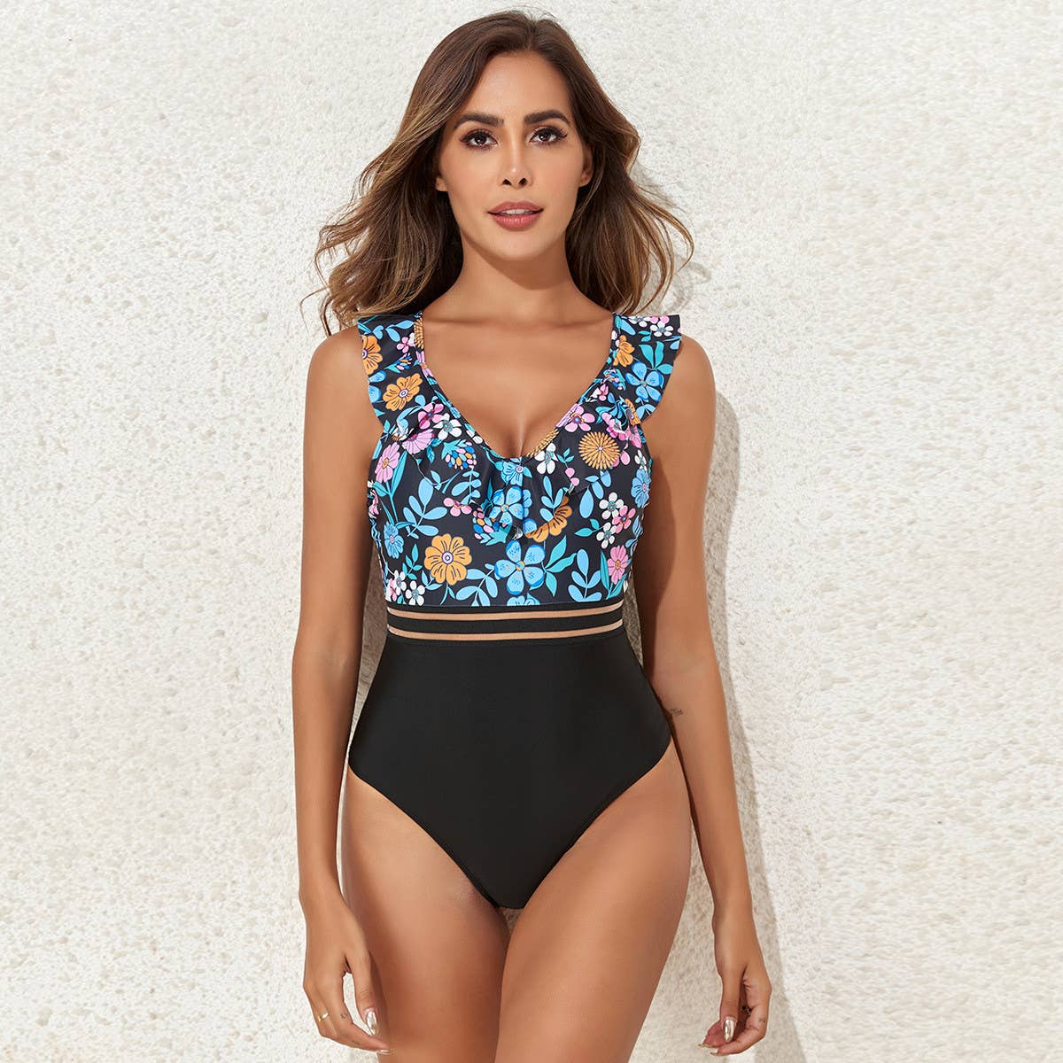MULTICOLOR PRINTED BELTED ONE-PIECE SWIMSUIT