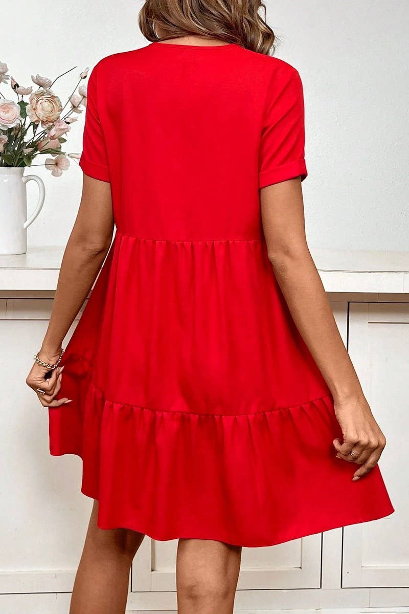 WOVEN ELEGANT V NECK CASUAL LOOSE SWING DRESS_CWDSD3109