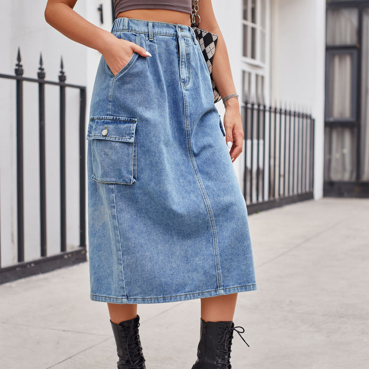 Women?™s Washed Denim Cargo Midi Skirt Slim Fit_CWJSK0198