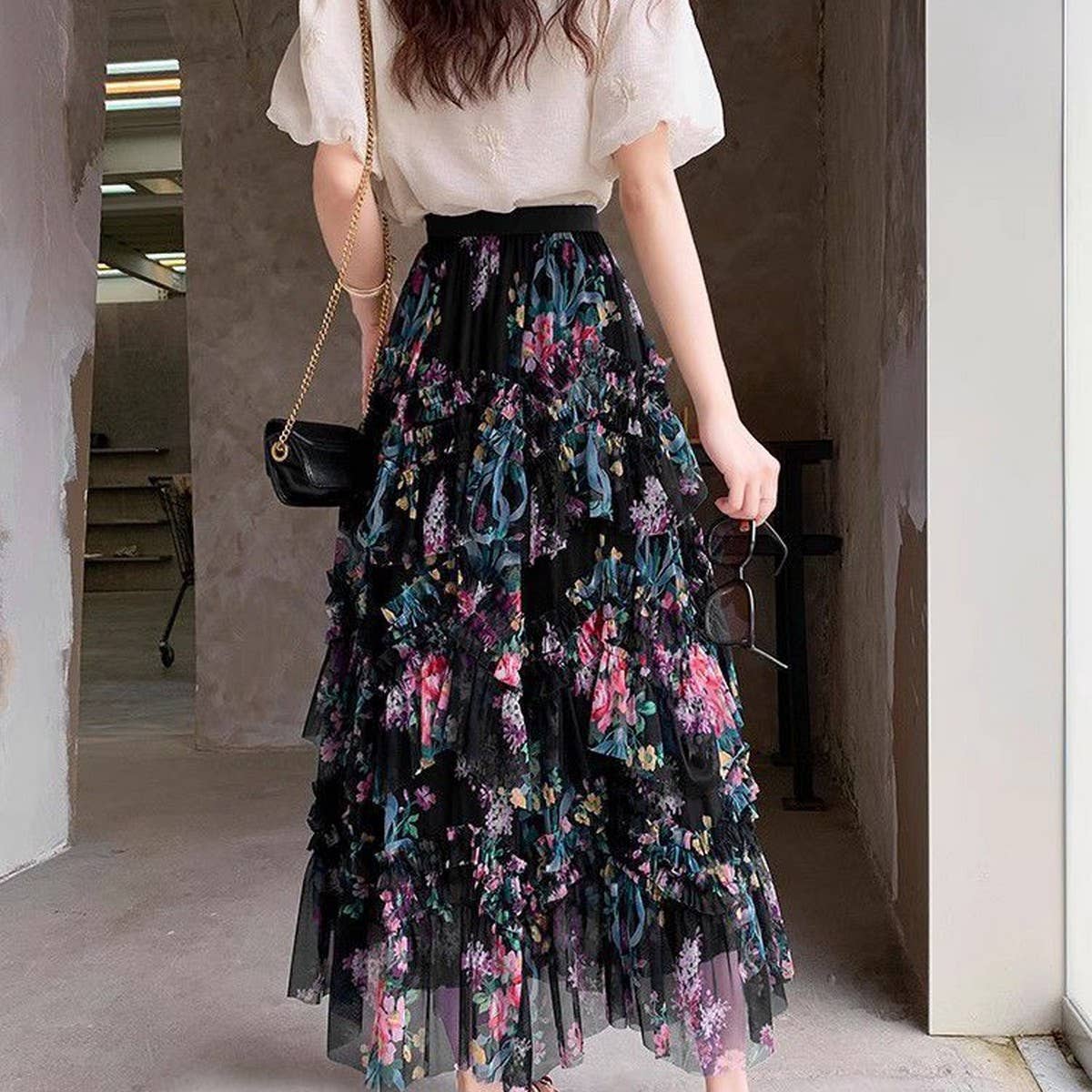 COLORFUL FLORAL MESH PRINT PLEATED TULLE SKIRT
