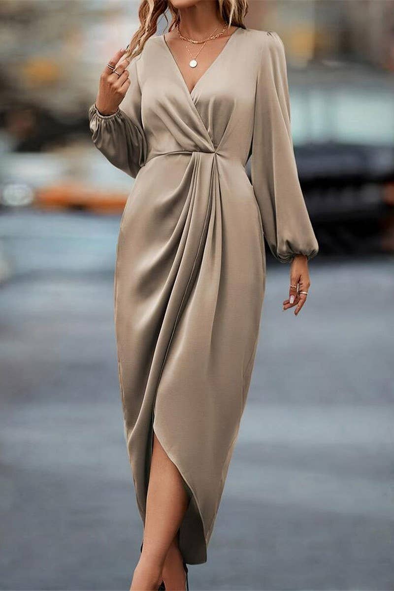 CWDMD4875_CROSS NECK SLIT PUFF SLEEVE IRREGULAR DRESS