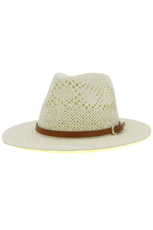 BROWN BELT VENTED WEAVE STRAW HAT_CWAH081