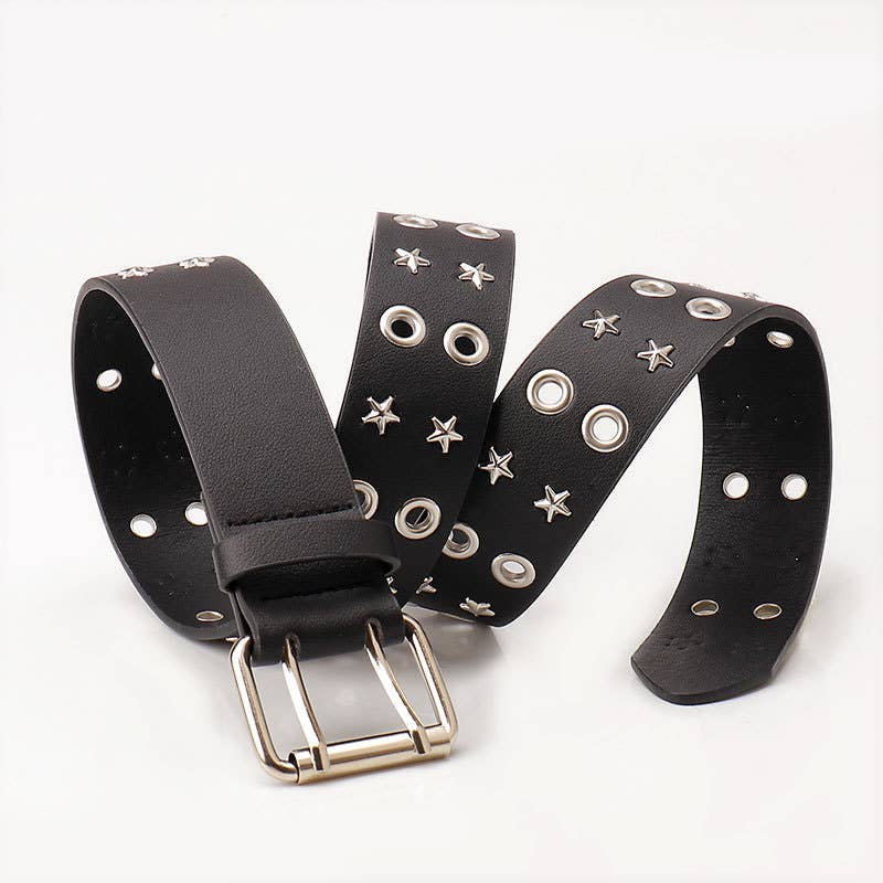 Punk double-row pin buckle denim belt