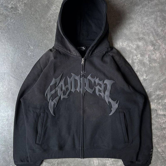 ZIPPER HOODIE WITH GOTHIC ALPHABET PRINT HOODIE