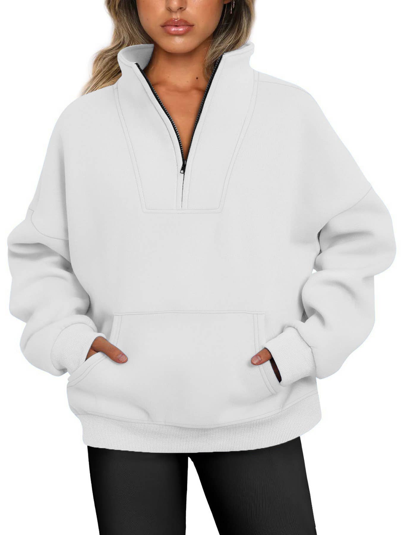 ZIPPER LOOSE STAND COLLAR SOLID COLOR HOODIE