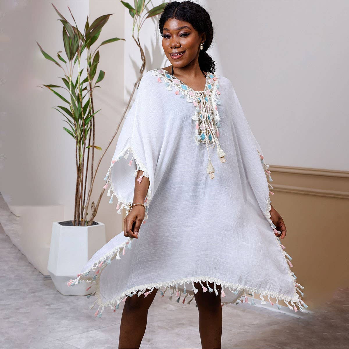 Sexy Beach Cover Up with Tassels and Gold Trim