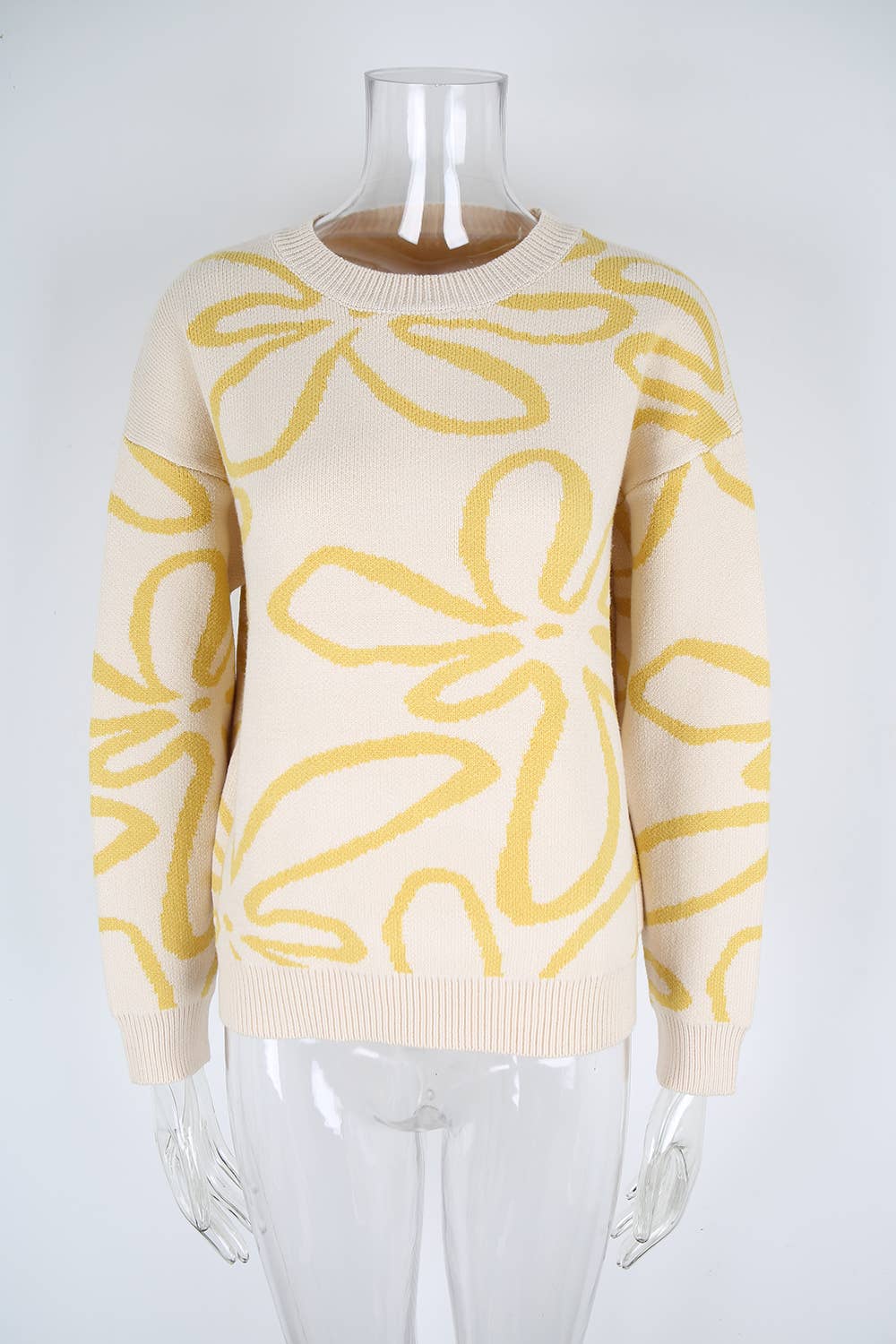 Flower-contrasting color loose knitted sweater