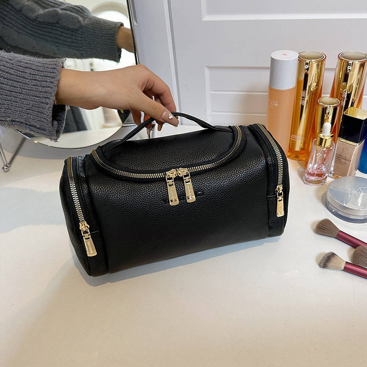 SOLID COLOR RETRO HIGH-GRADE PU COSMETIC BAG_CWAB4411