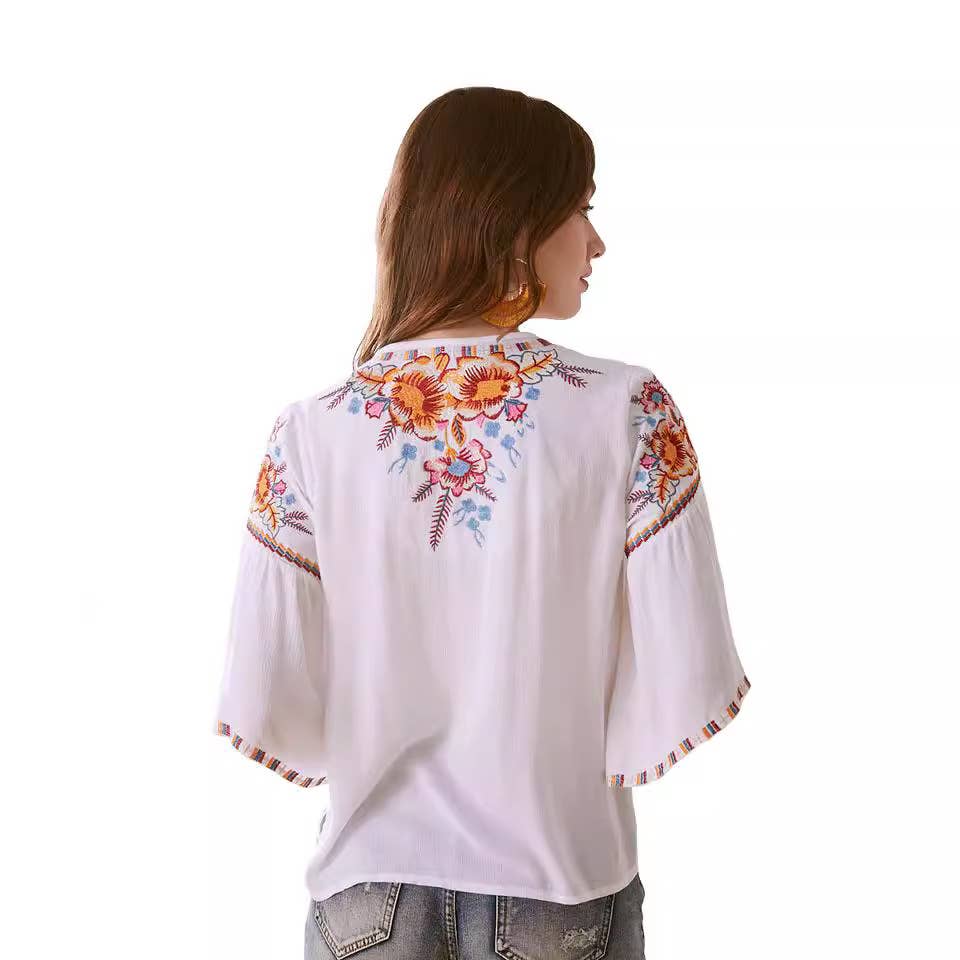 FLORAL EMBROIDERY V-NECK BLOUSE BLOUSE