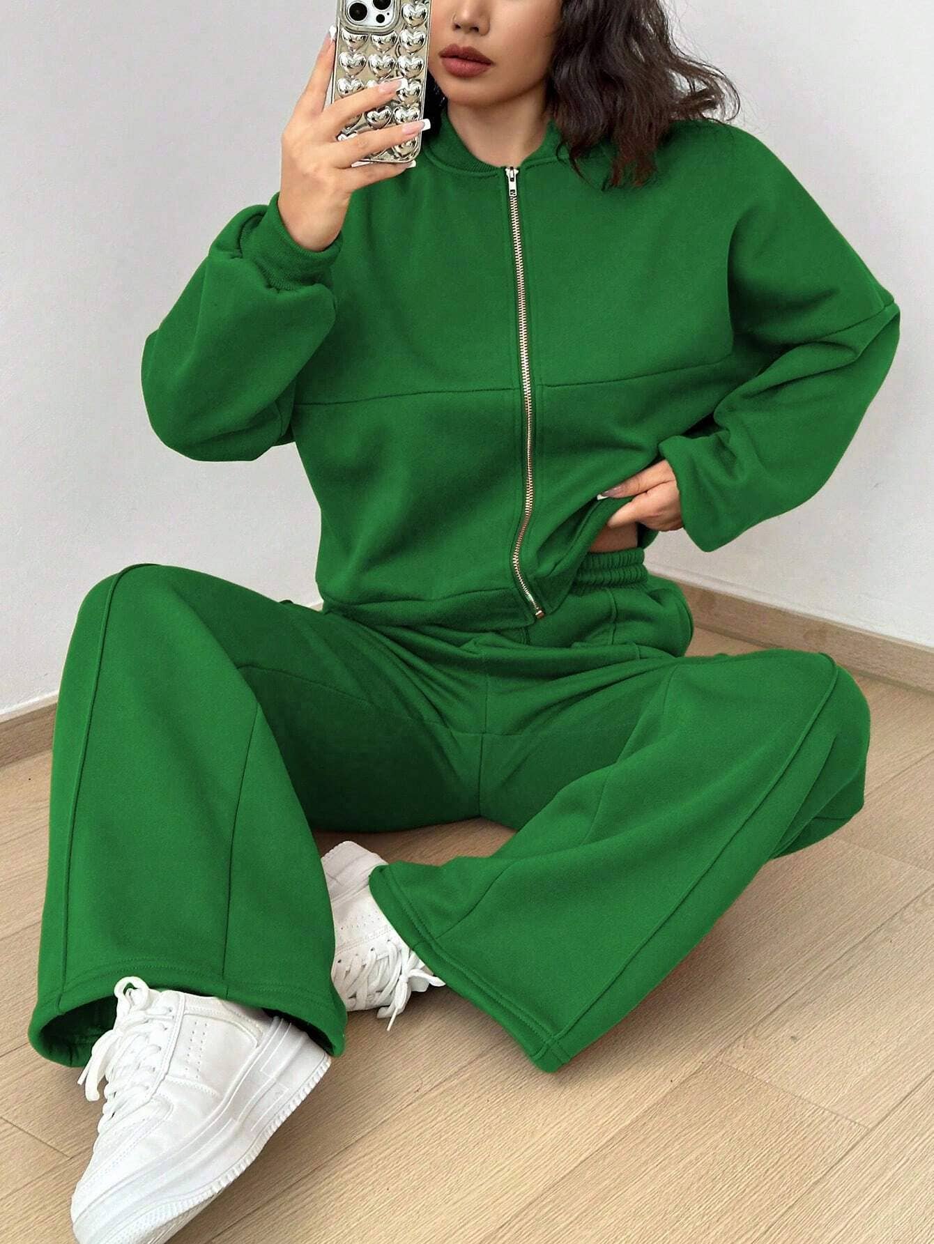 Zipper cardigan straight-leg sport pants set