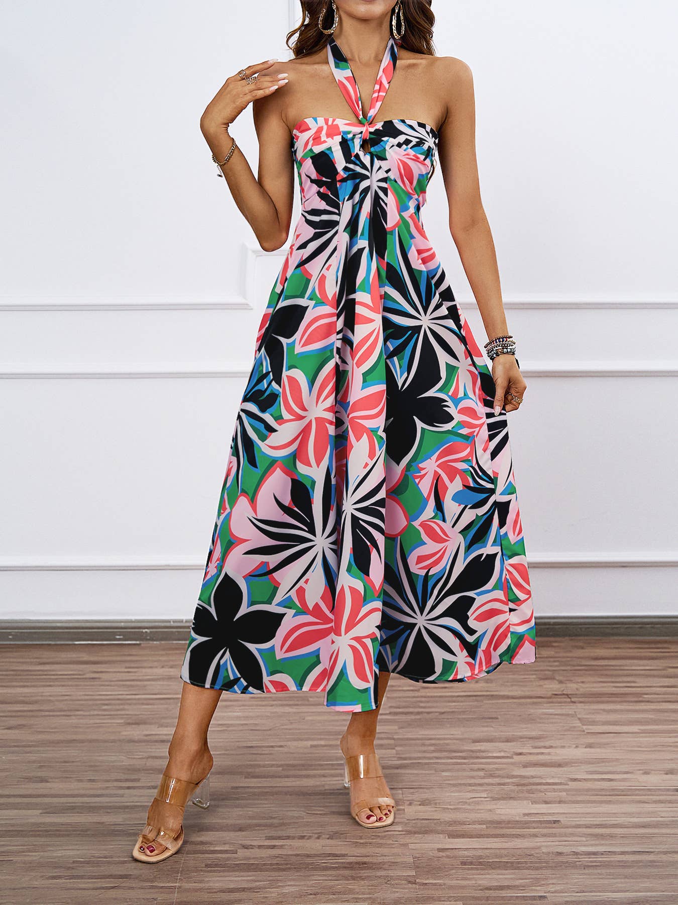 FLORAL PRINT HOLLOWED LACE HALTER LONG DRESS