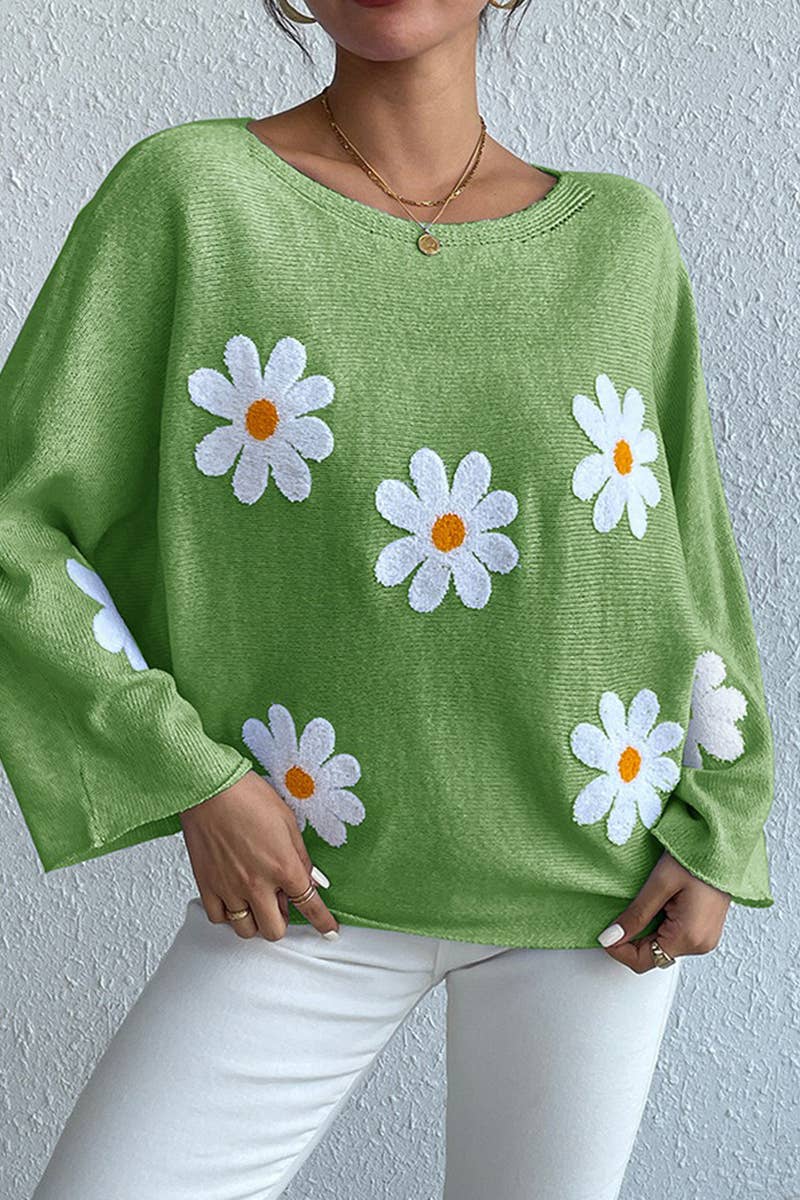 Floral embroidery loose crew neck pullover sweater