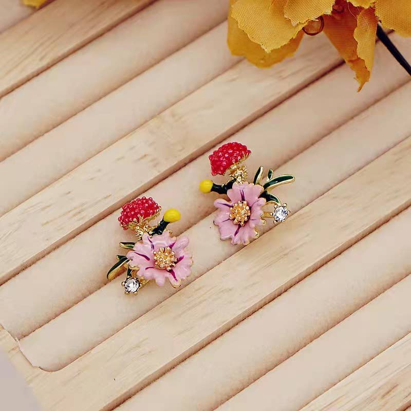 French enamel and colored glaze flower earrings