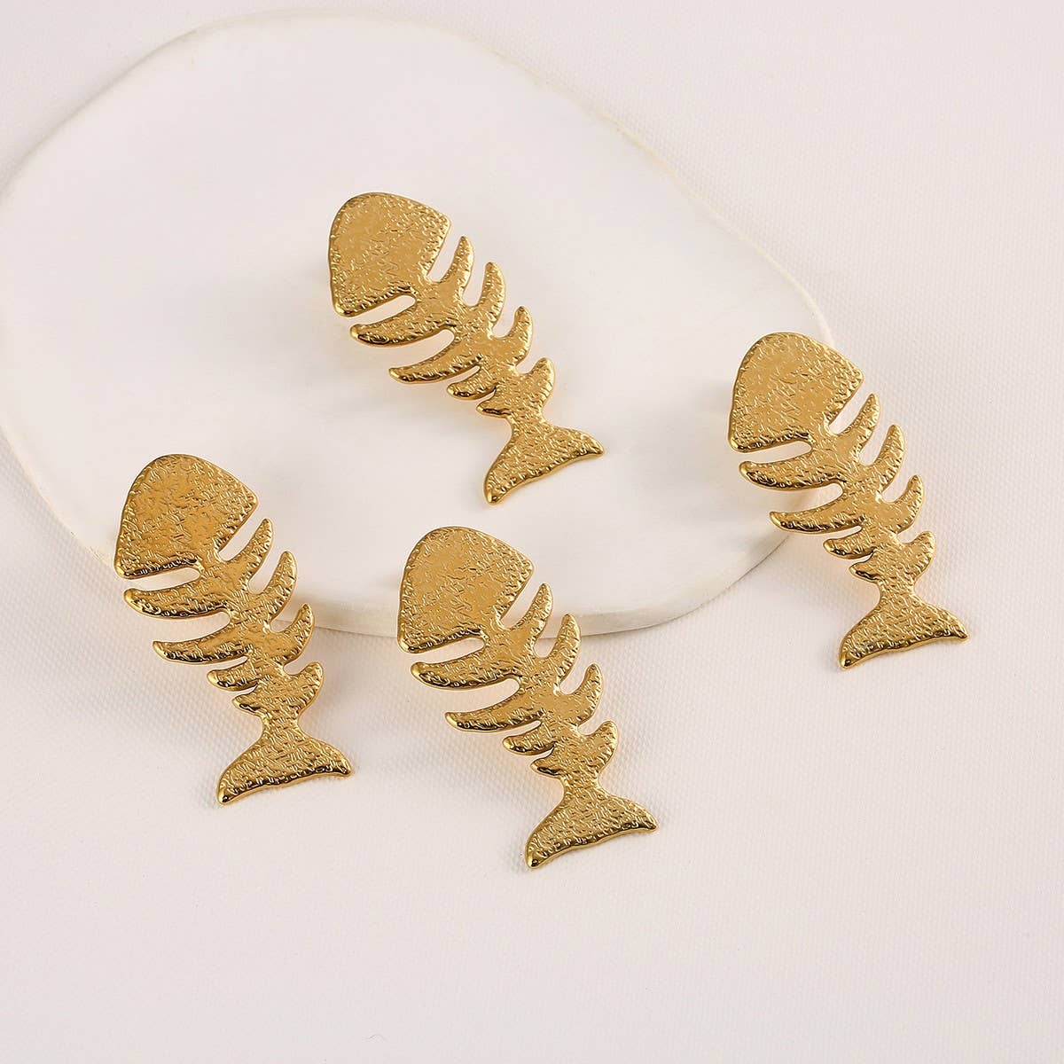 18K Stainless Steel Fishbone Earrings, Ocean Style_CWMM8892