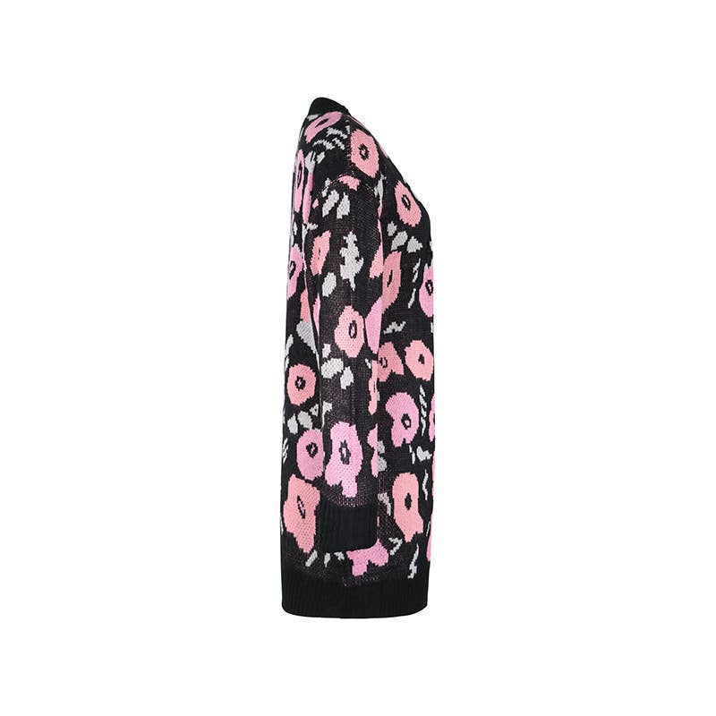FLORAL JACQUARD LONG KNIT CARDIGAN WITHOUT BUTTON