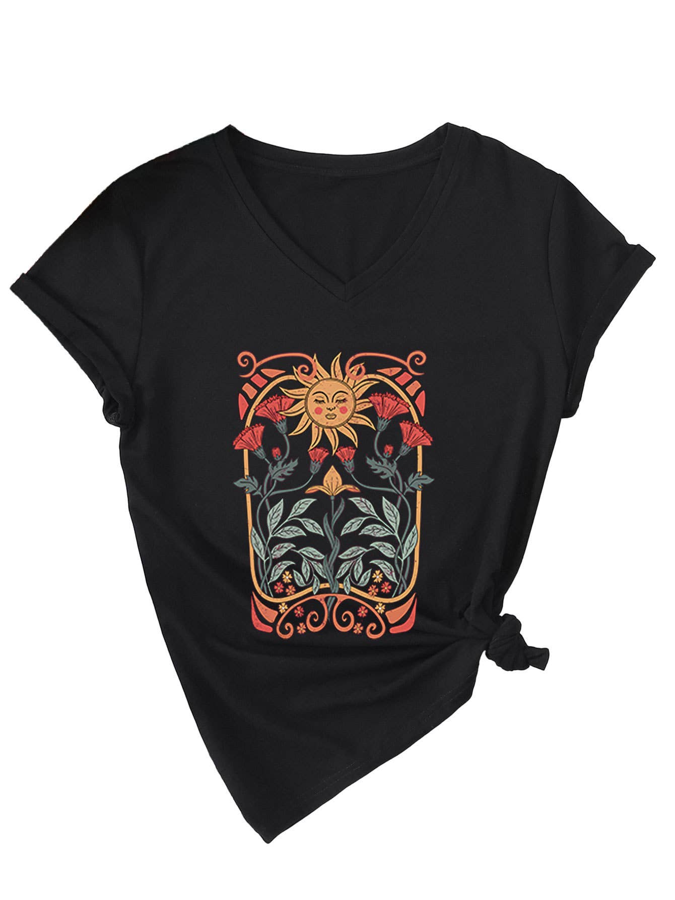 Floral sun print V-neck short-sleeved T-shirt