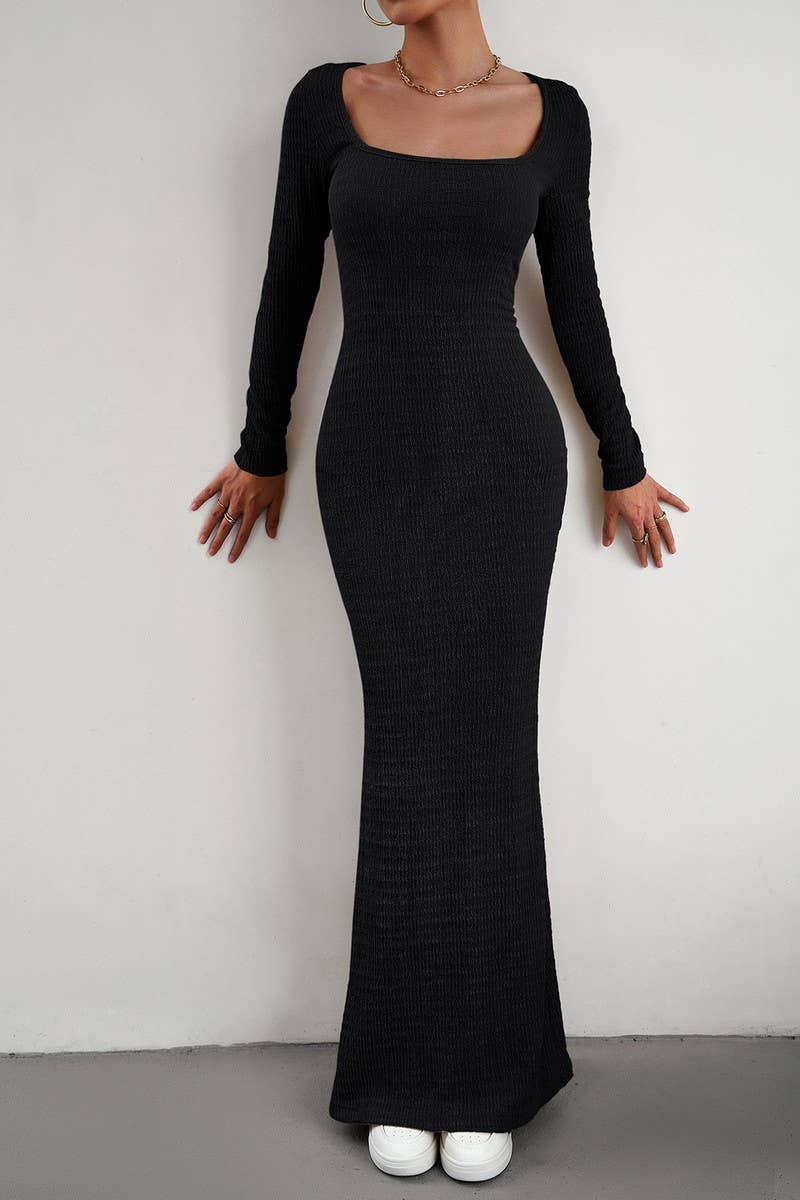 CWDMD4832_SLIM FIT SQUARE NECK LONG SLEEVE KNIT DRESS