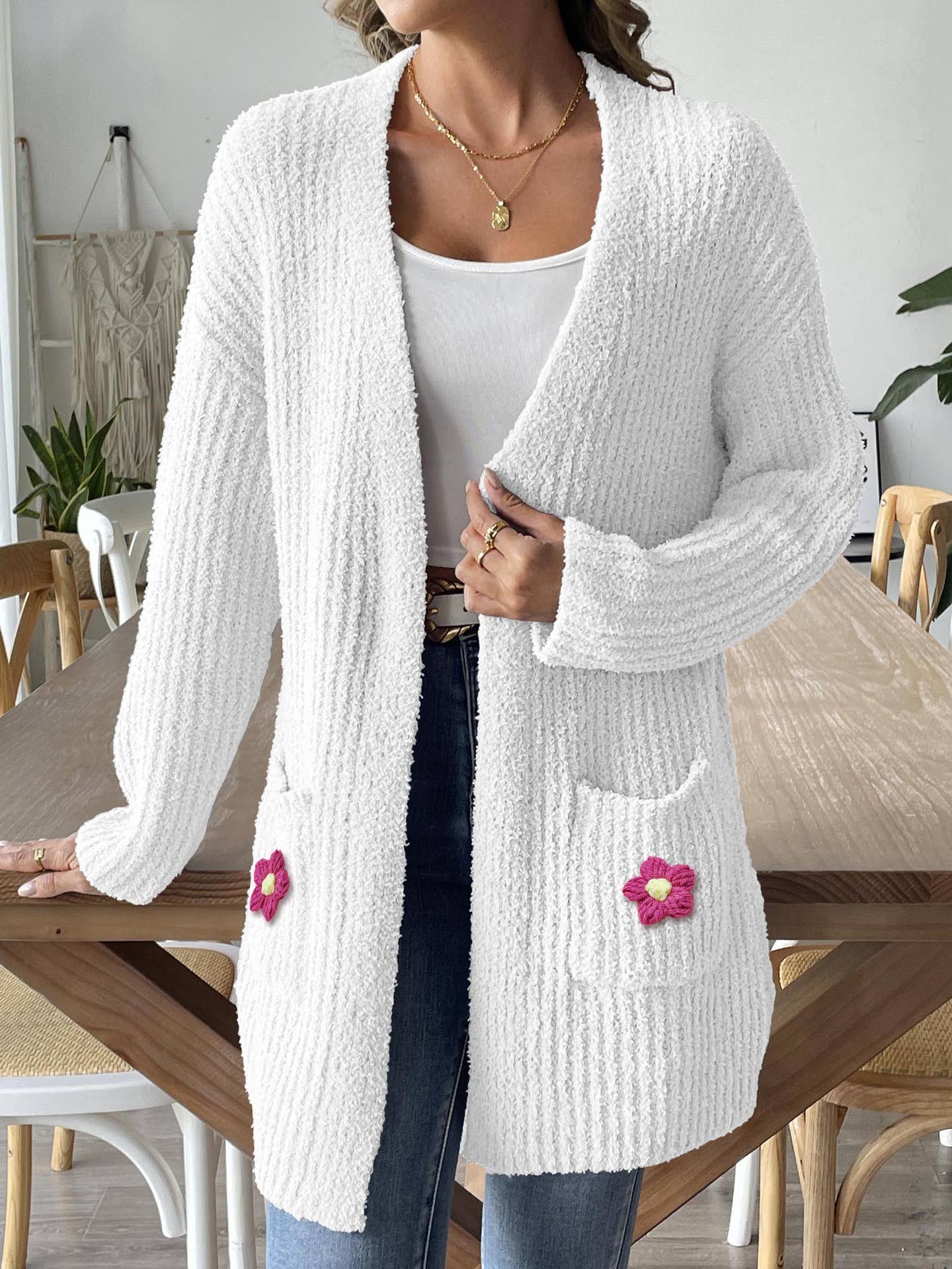 Woven hand-crocheted double pocket casual sweater jacket