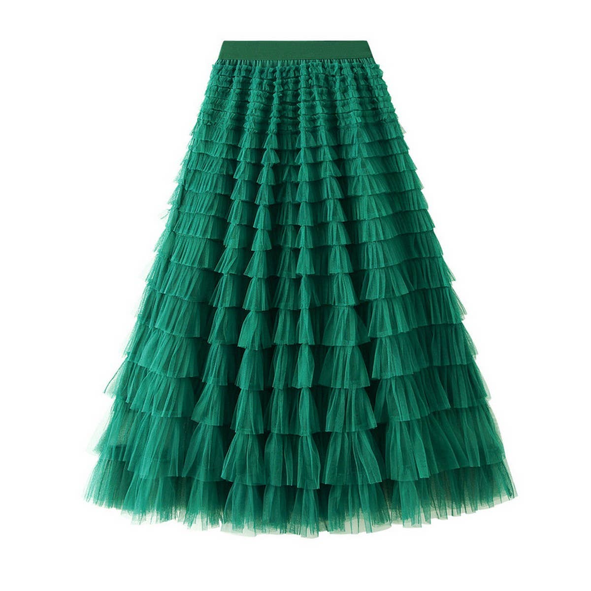 White Tulle Tiered Pleated A-Line Maxi Skirt