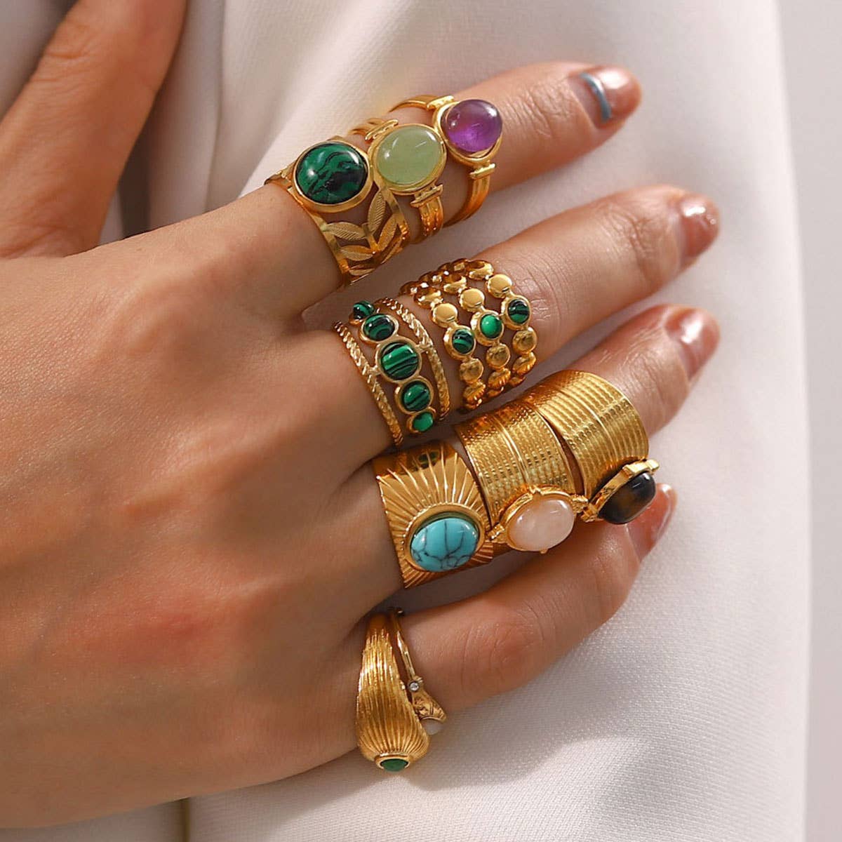 GOLD STAINLESS STEEL INLAID NATURAL STONE RINGS