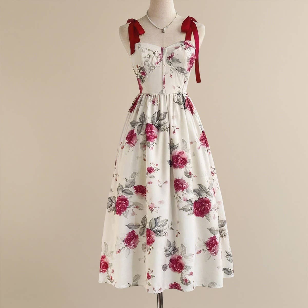 Floral print elegant cinched waist halter dress