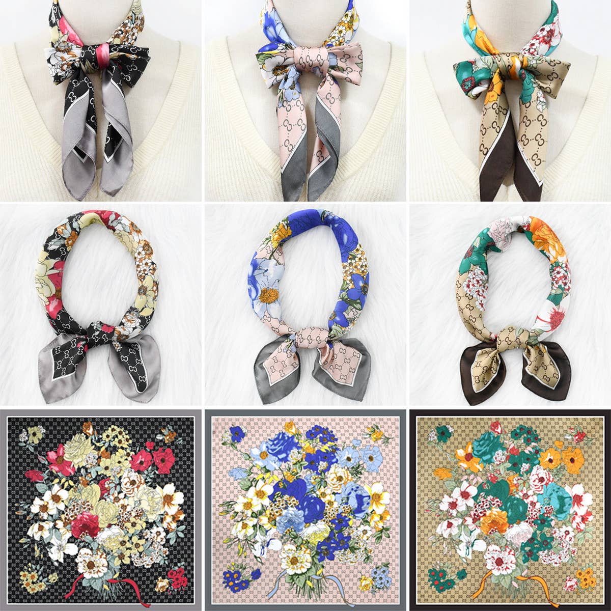 70cm Floral Satin Square Scarf for Work & Sun_CWASC1172