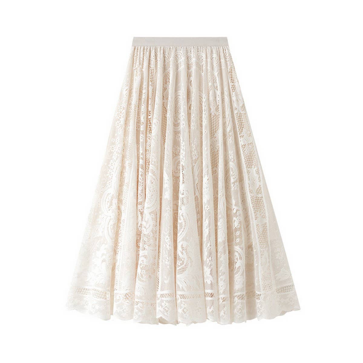 High-Waist A-Line Midi Skirt with Lace Overlay