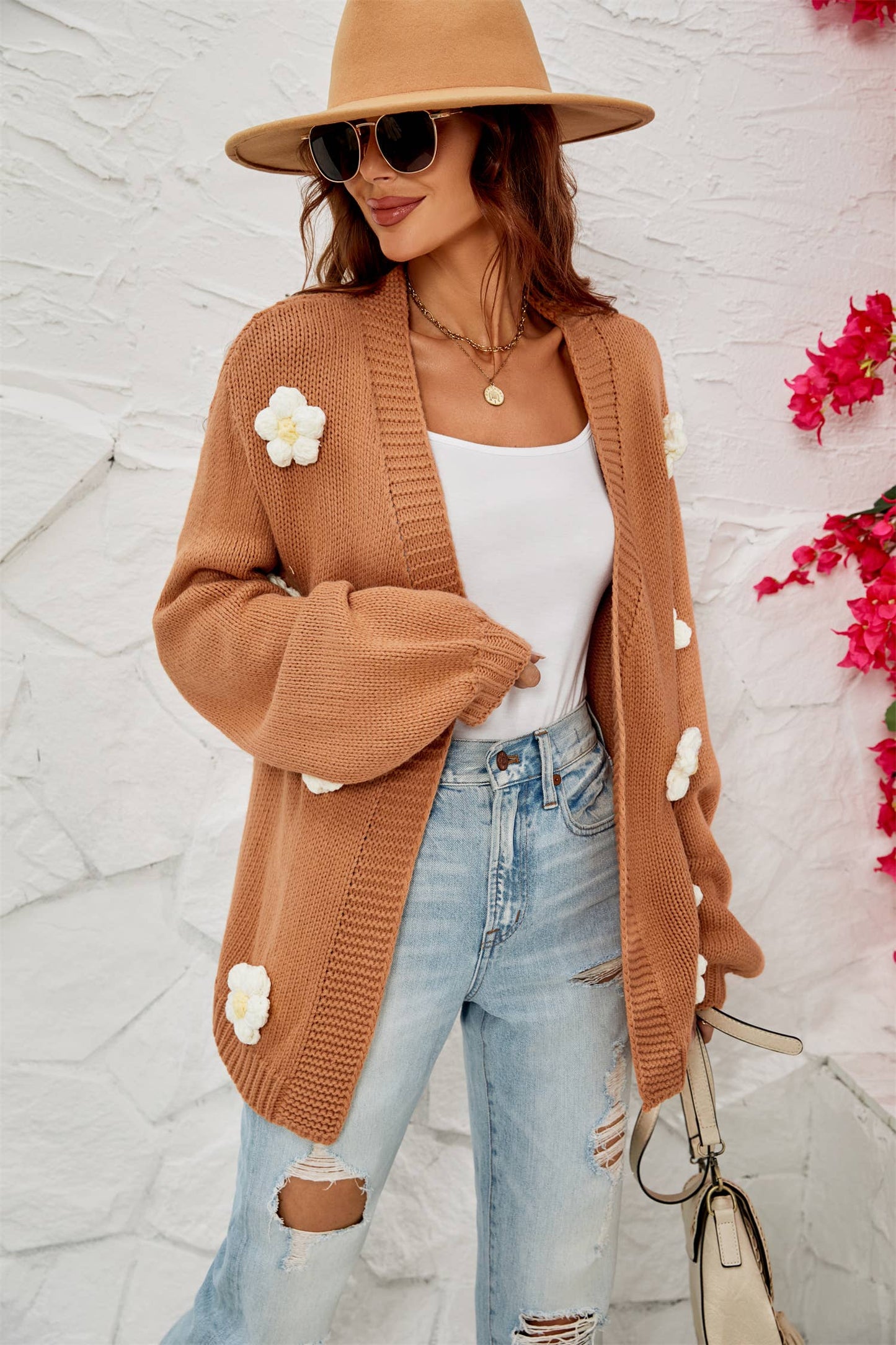 Flower cardigan lantern sleeve sweater coat