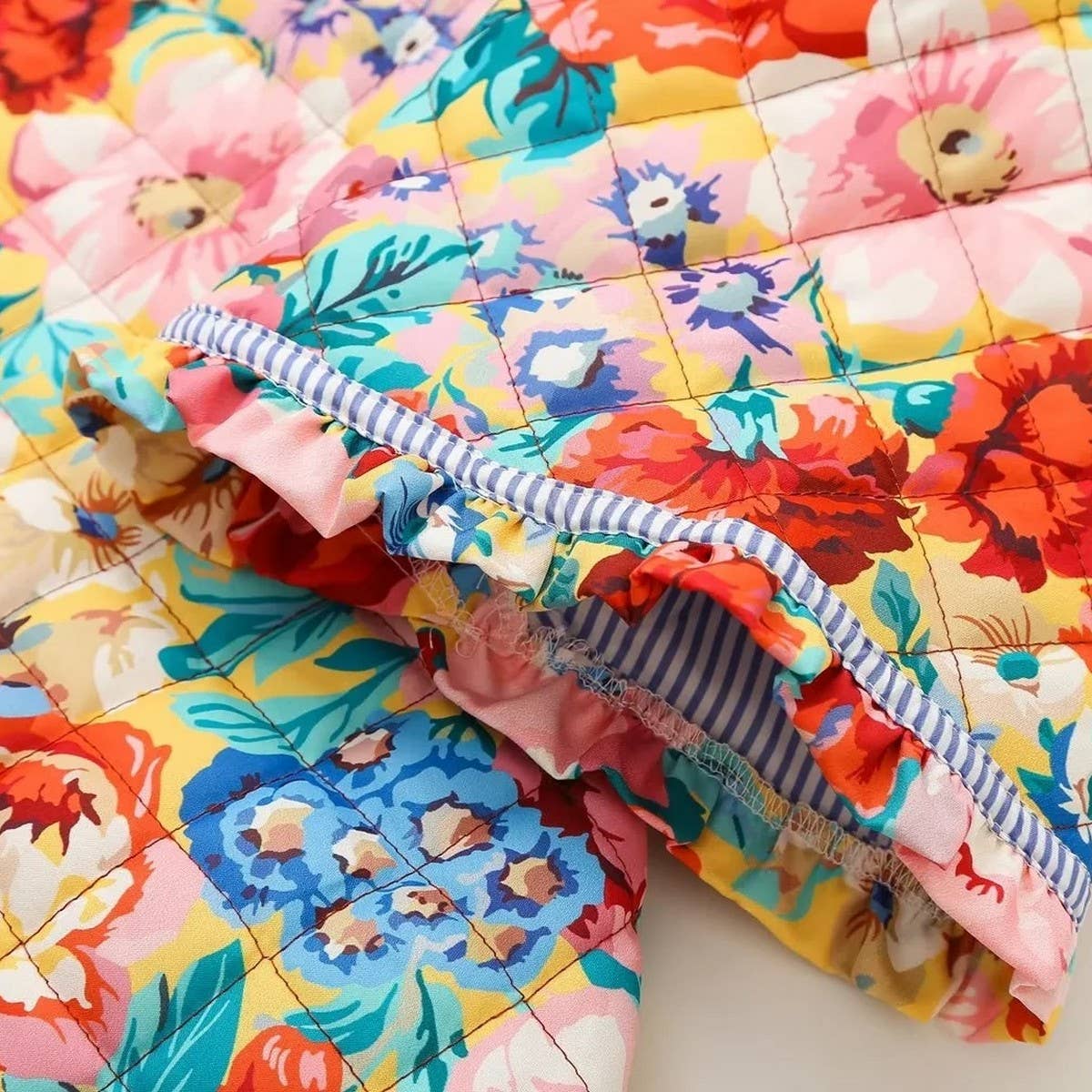 FLORAL PRINT CREW NECK PUFF SLEEVE QUILTED JACKETS