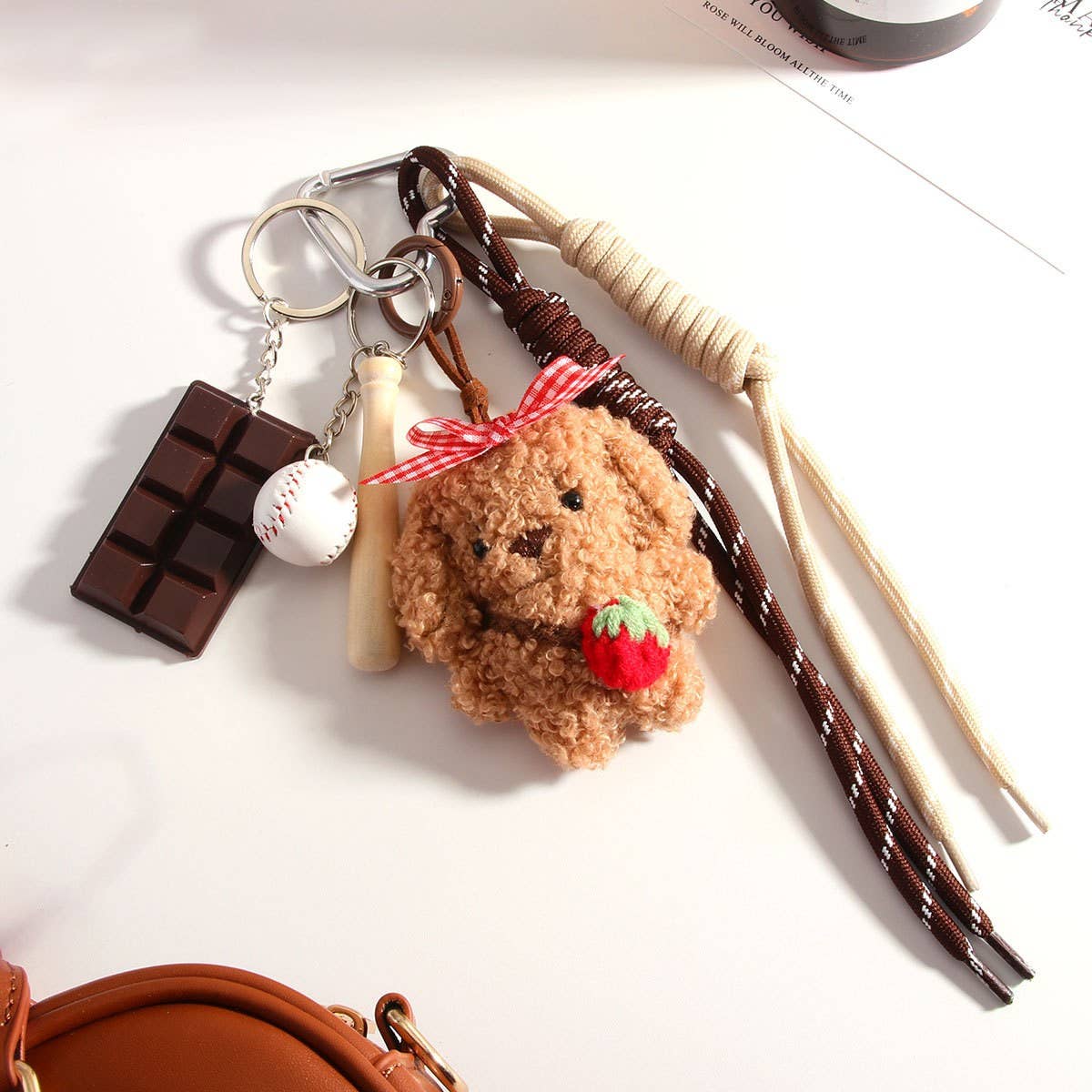 Fluffy Dog Doll Keychain with Bow & Cord